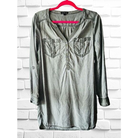 Express Women’s Size Small Roll Tab Long Sleeved Distressed Faded Mini Dress - Picture 2 of 14